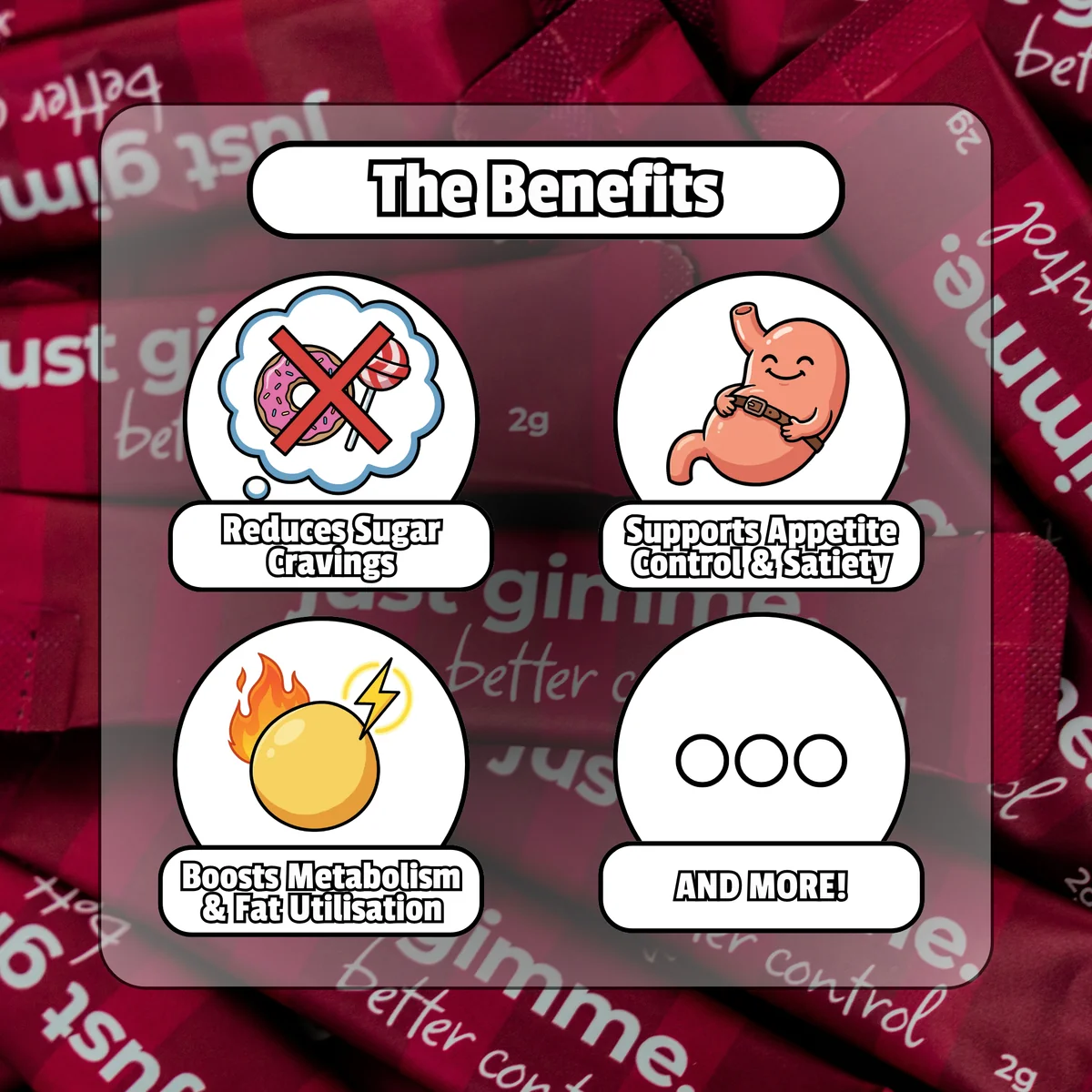 3 The Benefits infographic showing four icons: a crossed-out donut for Reduces Sugar Cravings, a belt-wearing stomach for Supports Appetite Control & Satiety, a fiery bomb for Boosts Metabolism & Fat Utilisation, and a circle with three dots labeled And More.