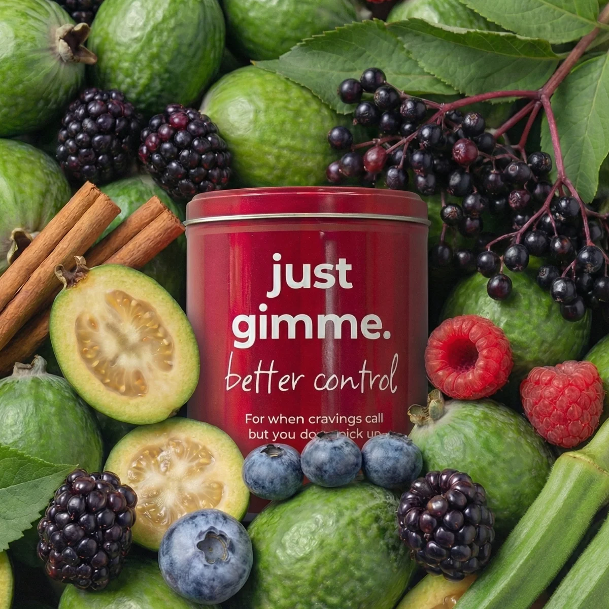JGBC_Ingredients_Sub (1) Red can with 'just gimme. better control' surrounded by green fruits, berries, and cinnamon sticks.