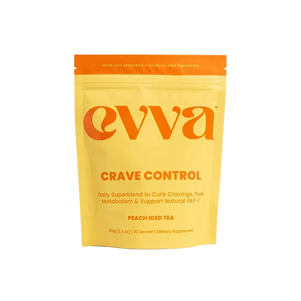 Yellow stand-up pouch labeled 'CRAVE CONTROL' Peach Iced Tea, a dietary supplement